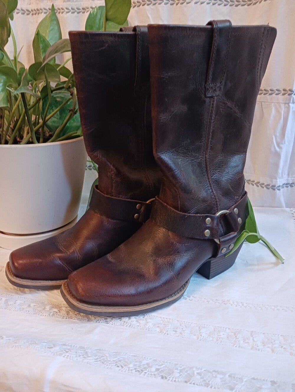 Justin Boots Dark Brown Leather Harness Heeled Boots